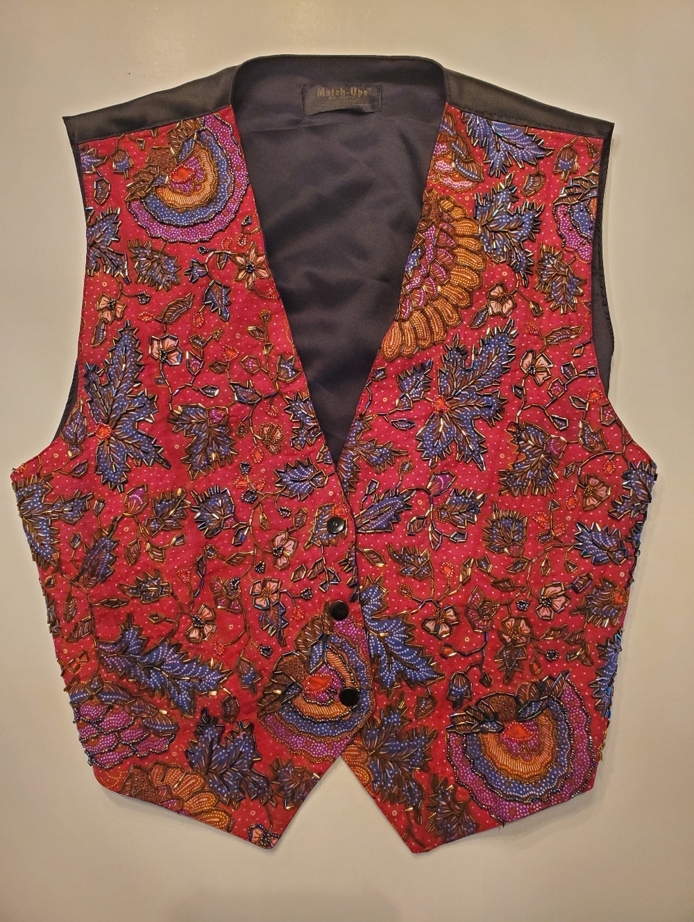 VTG Match-Ups by Natco Beaded Floral Vest Red Cotton Boho Eclectic S/M